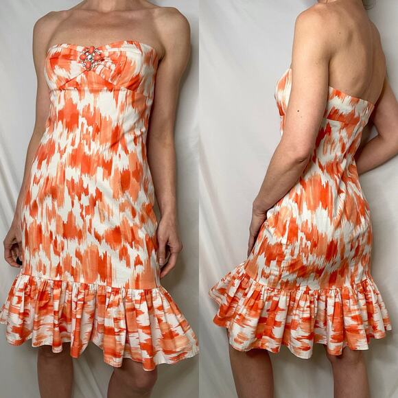 Cache strapless coral orange abstract print mini dress ruffle hem Y2K vintage 4 - Picture 3 of 16